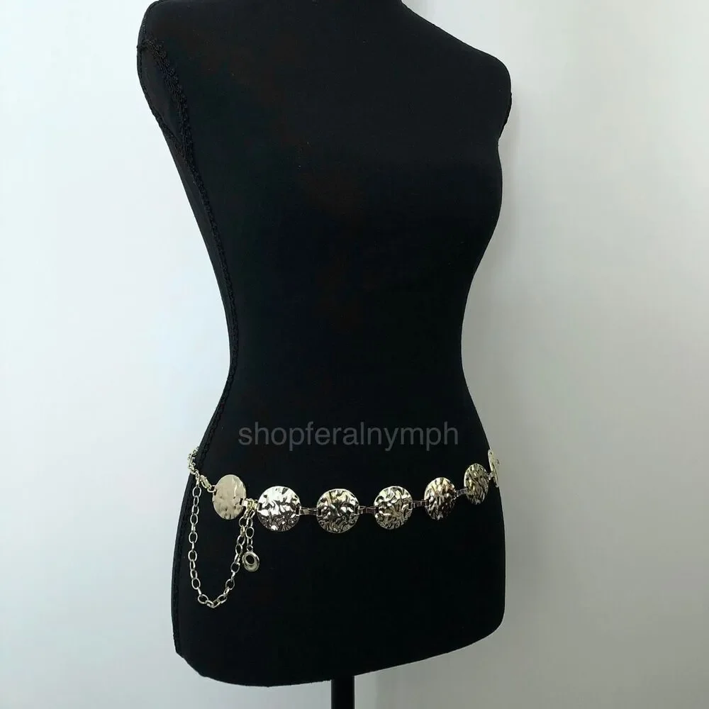 Y2K Boho Gold Hammered Disc Coin Chain Belt, Fits 24.5–42 Inches, X7GA1153